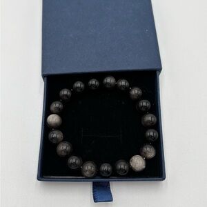 Natural Gemstone Round Bead Bracelet – Healing Silver Obsidian for Women & Men G